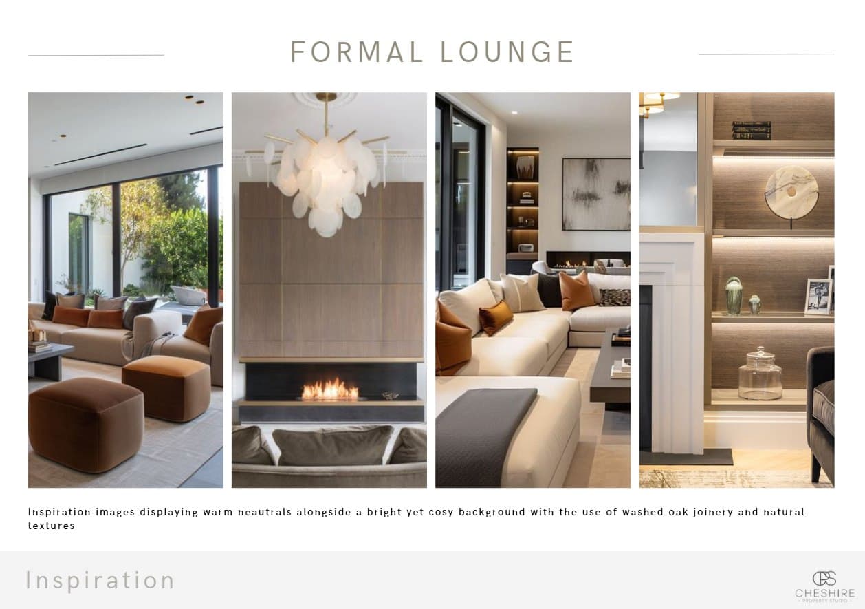 The formal lounge inspiration board for the Prestbury family home