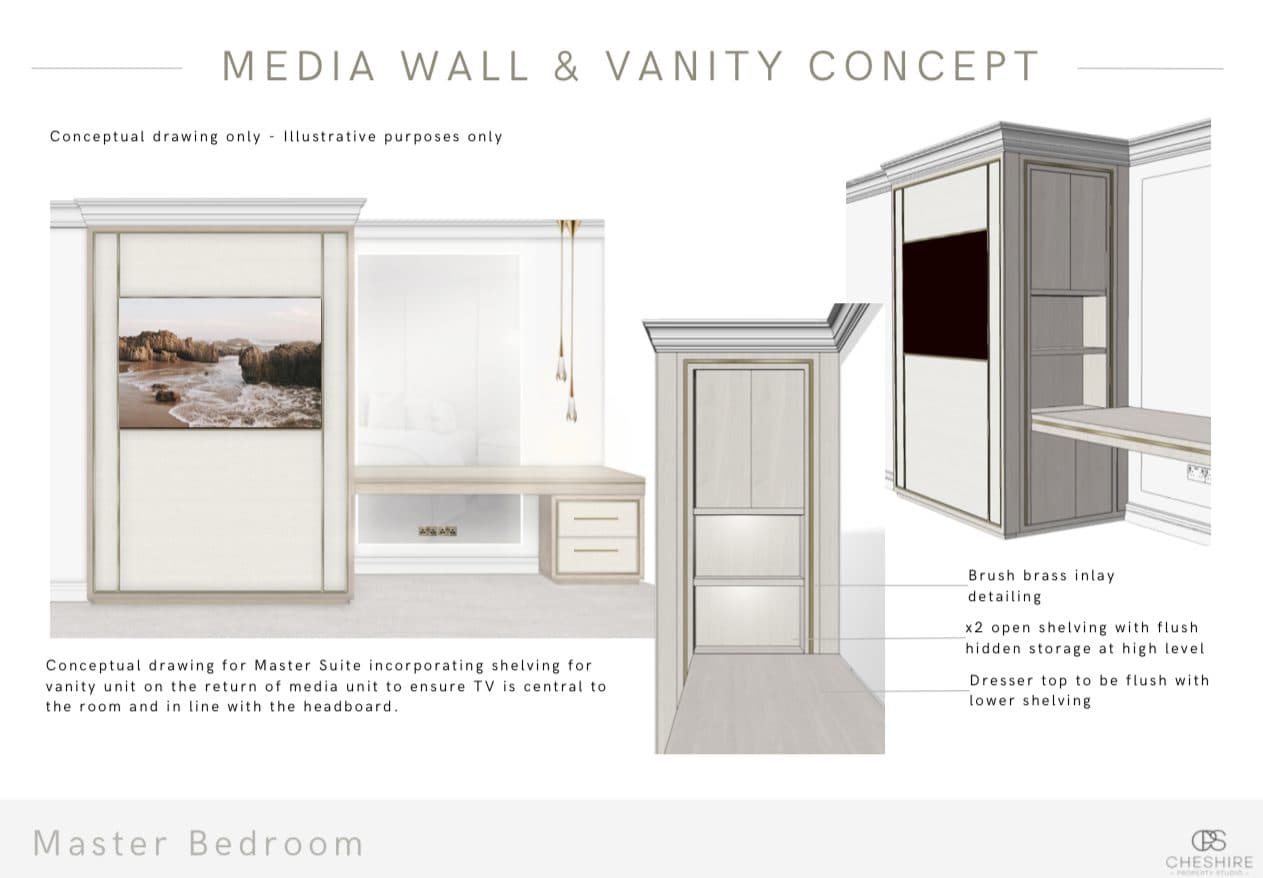 A bespoke joinery and vanity concept drawing for the Prestbury principal suite