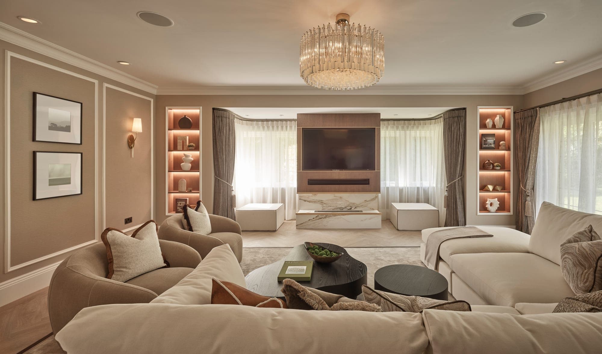 A warm, layered family living room designed by Cheshire Property Studio in Cheshire