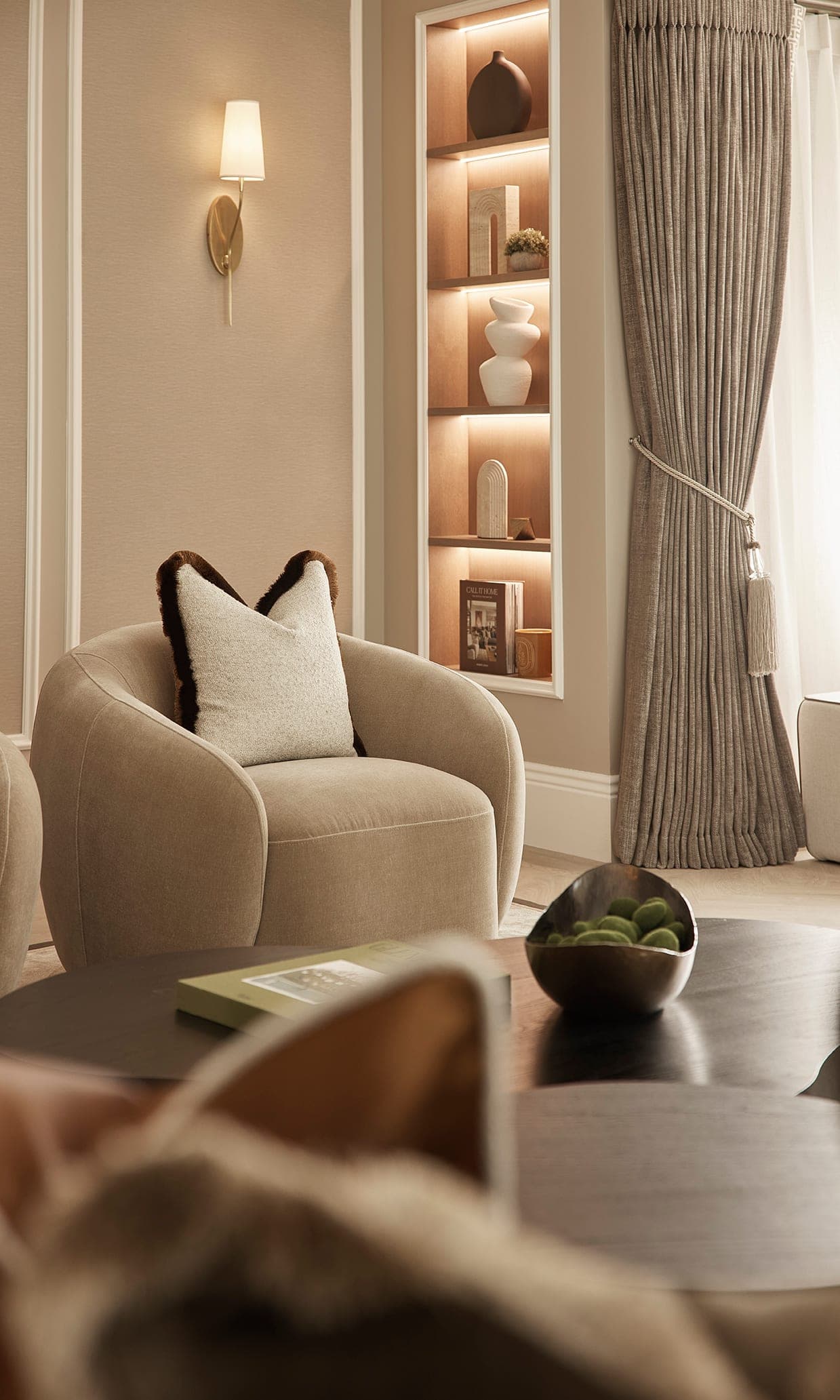A cosy bouclé chair in the family room