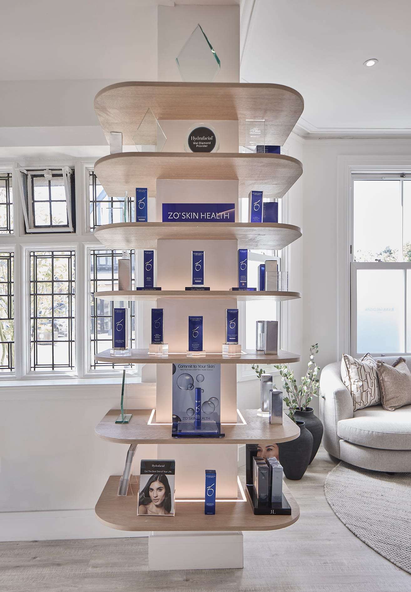 The finished tiered retail display at Bank Medi Spa, styled with product
