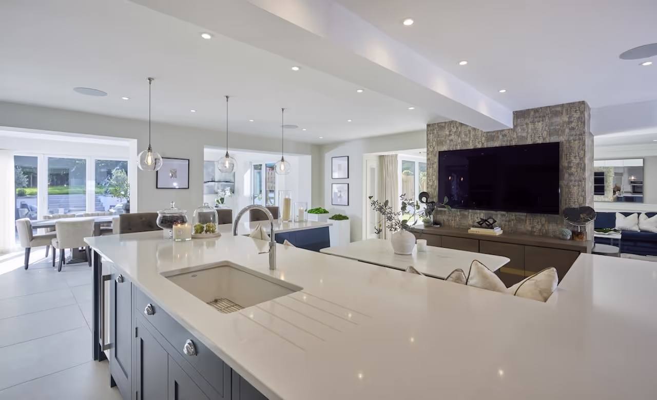 An open-plan kitchen and living space in a Hale Barns home