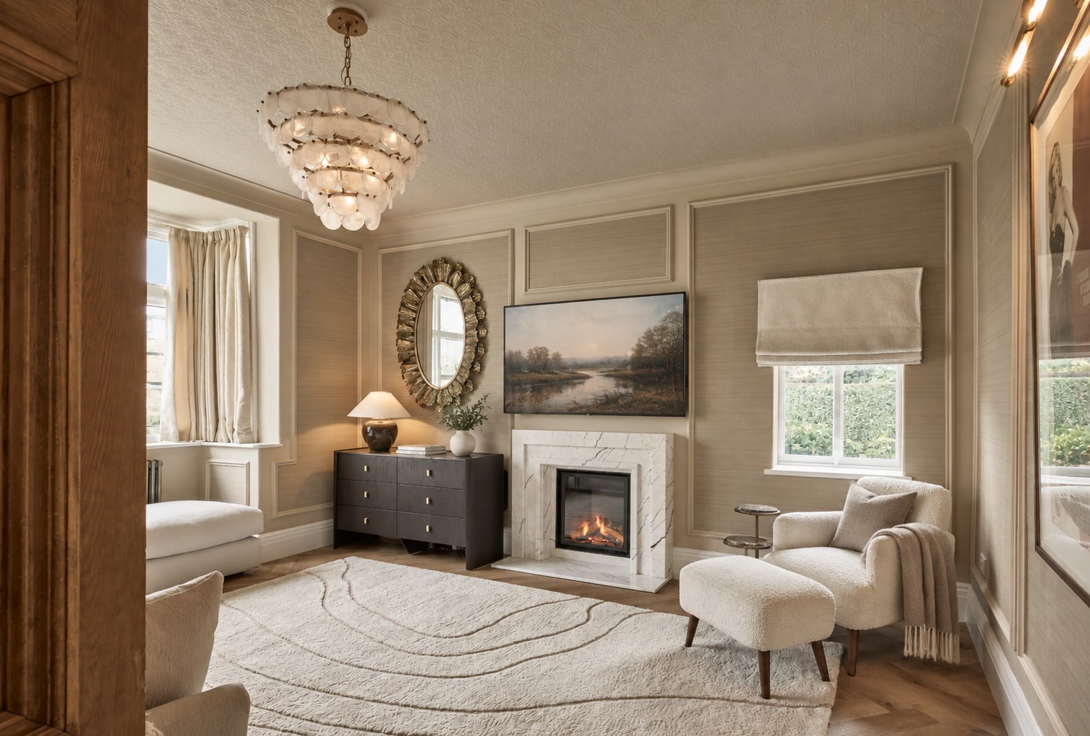 A table lamp and a fire bring warm light to a calm sitting room