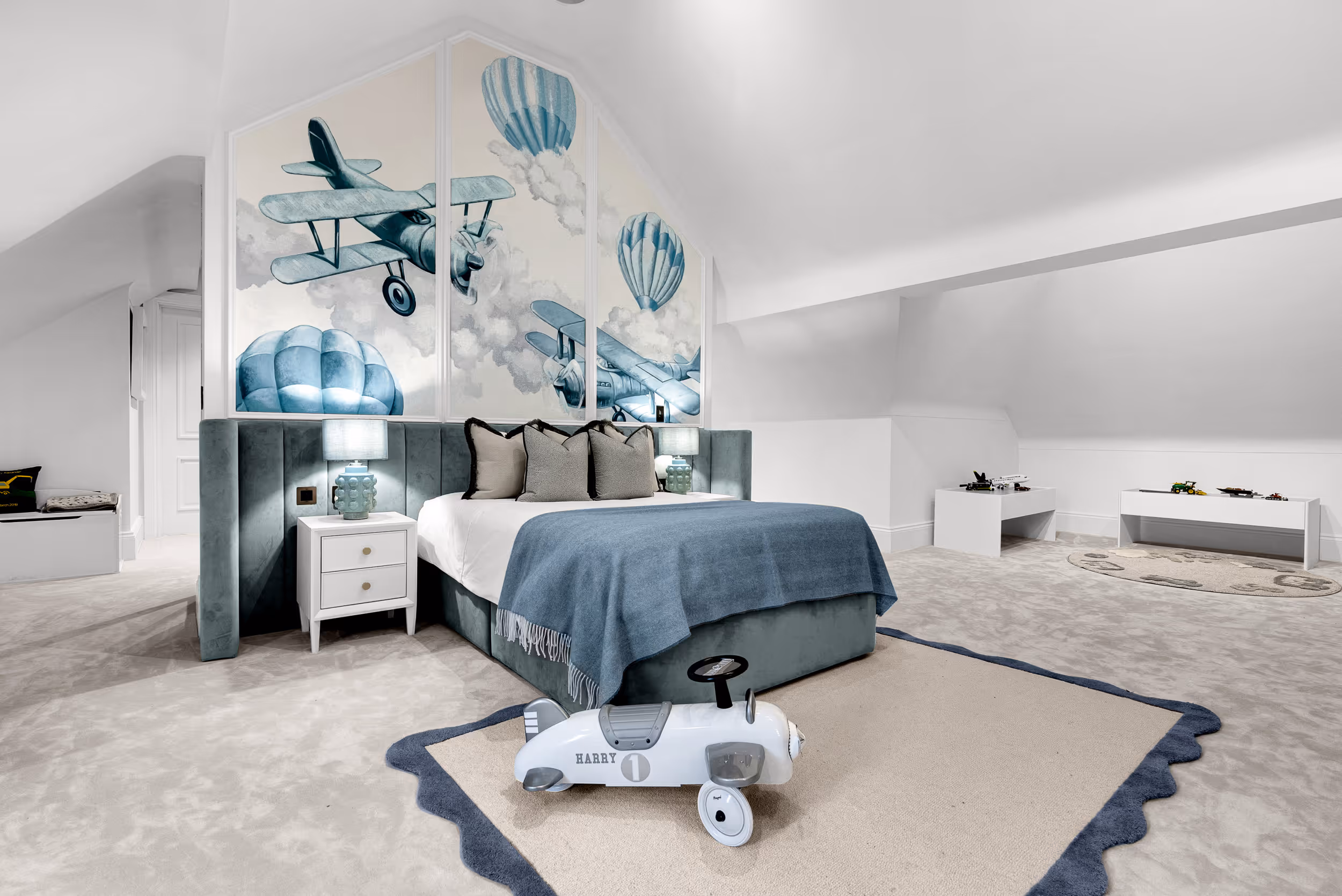 A child's bedroom built around a soft, confident blue